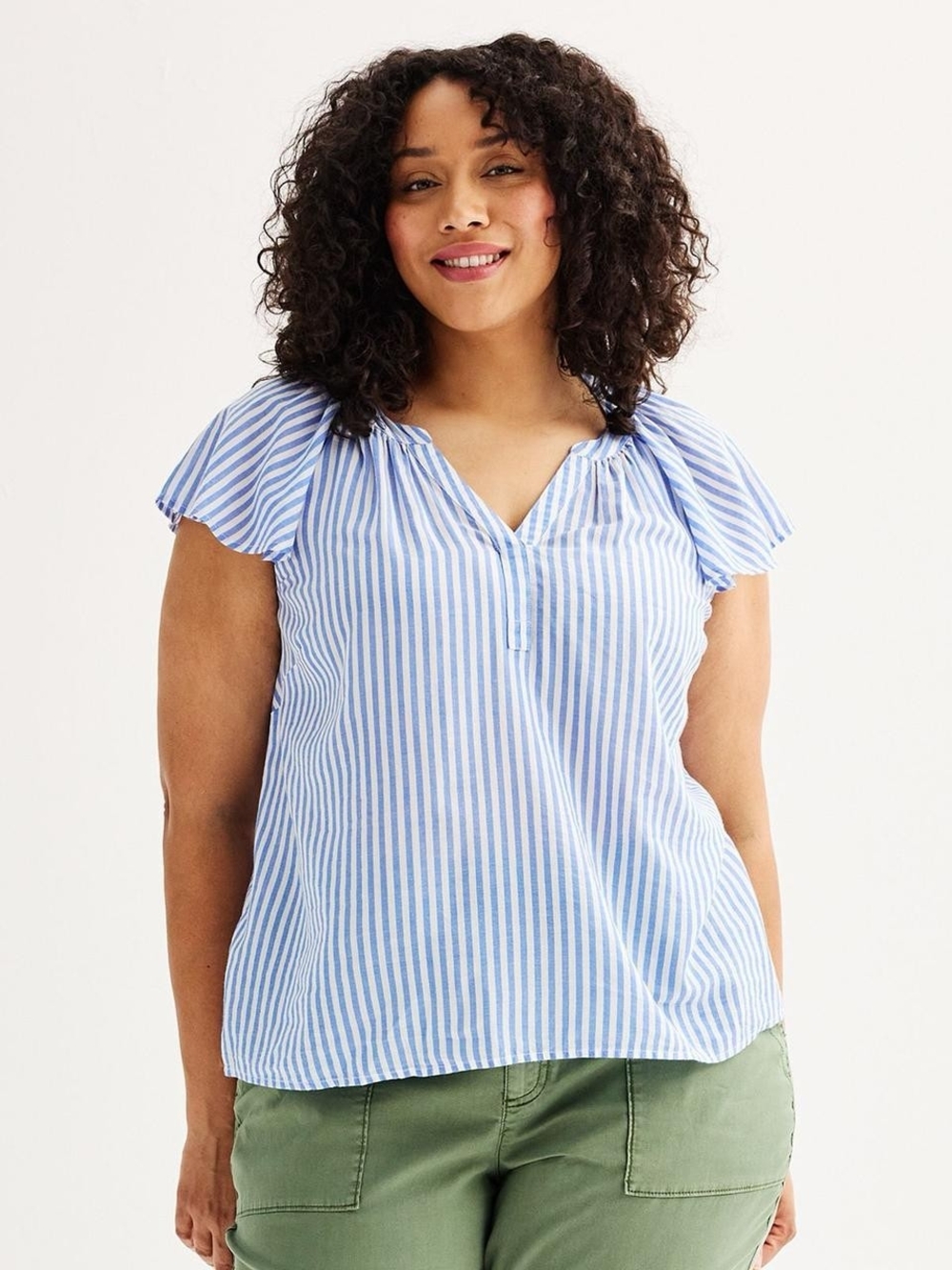 Sonoma Blue and White Striped Flutter Sleeve V-Neck Top